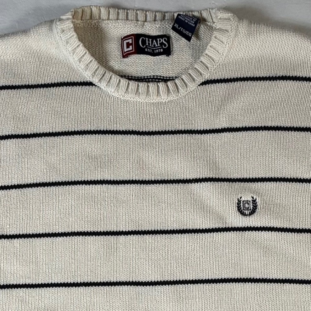 Chaps Striped Sweater Womens XL Cream Navy Blue Cotton Crewneck Preppy